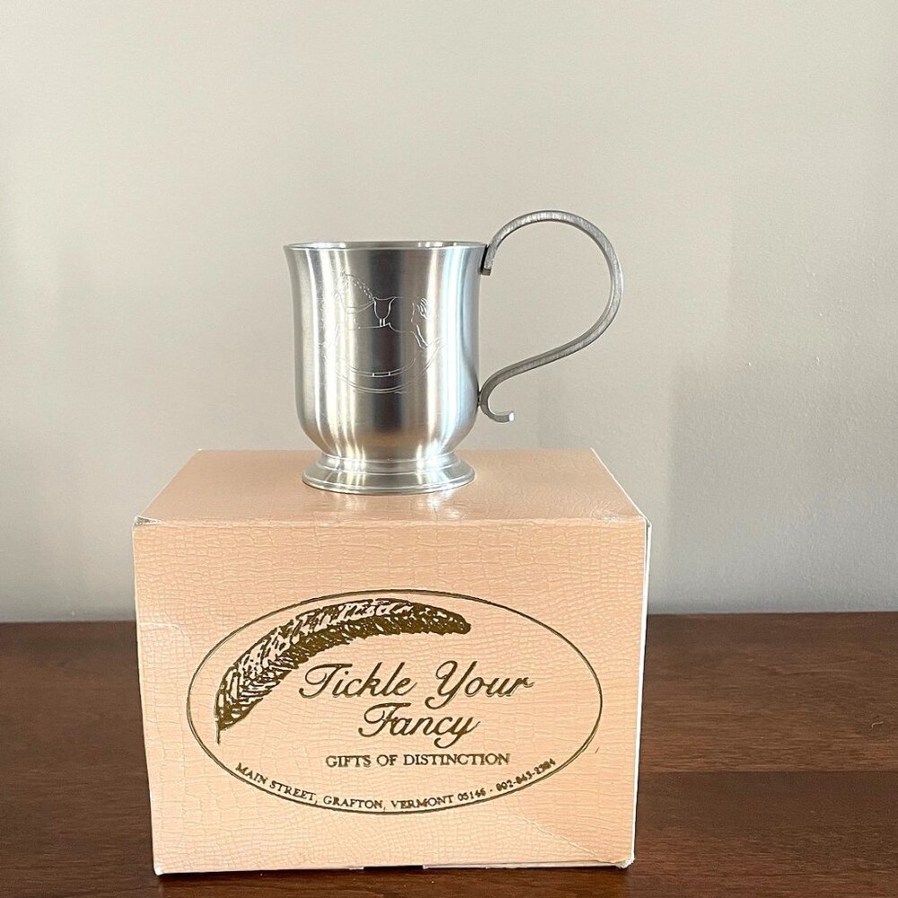 Crownson's Pewterware - PERFECT Christening Cup with Etched Rocking Horse